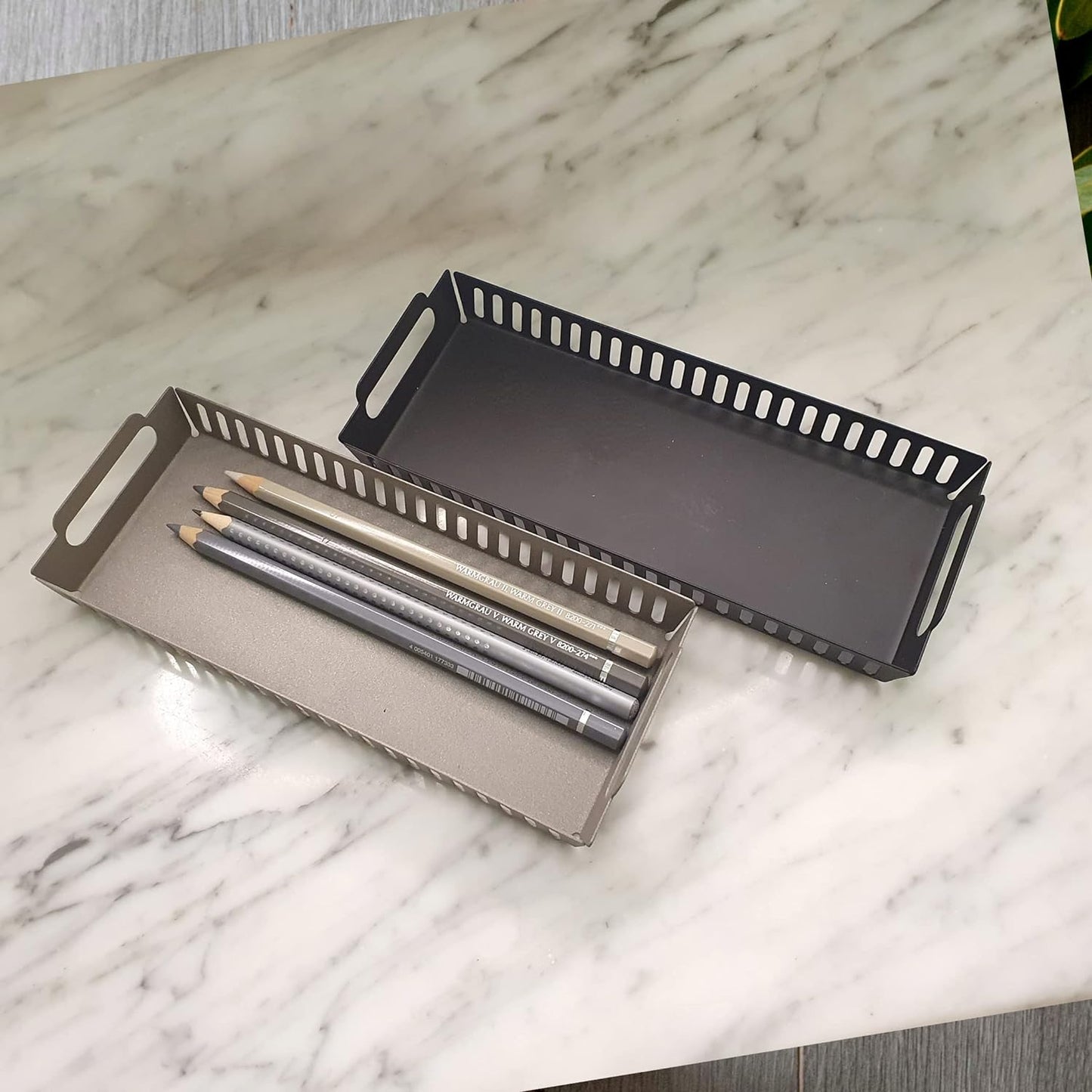 Metal Pen Pencil Tray Holder Office Desk Drawer Organizer Small Vanity Accessory Storage (Black)