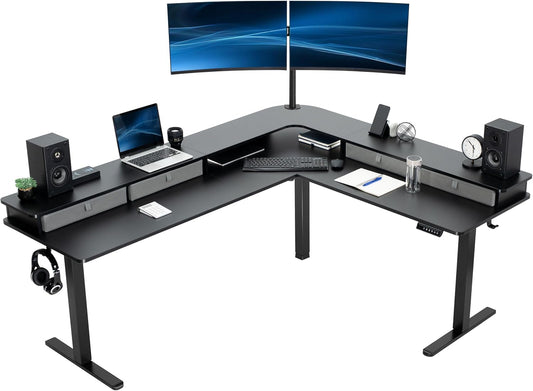 VIVO Electric Mobile Corner 75 x 63 inch 2 Tier Stand Up L-Shaped Desk, Height Adjustable, Memory Controller, Storage Drawers, Black Top Black Frame, DESK-E3CVB-75