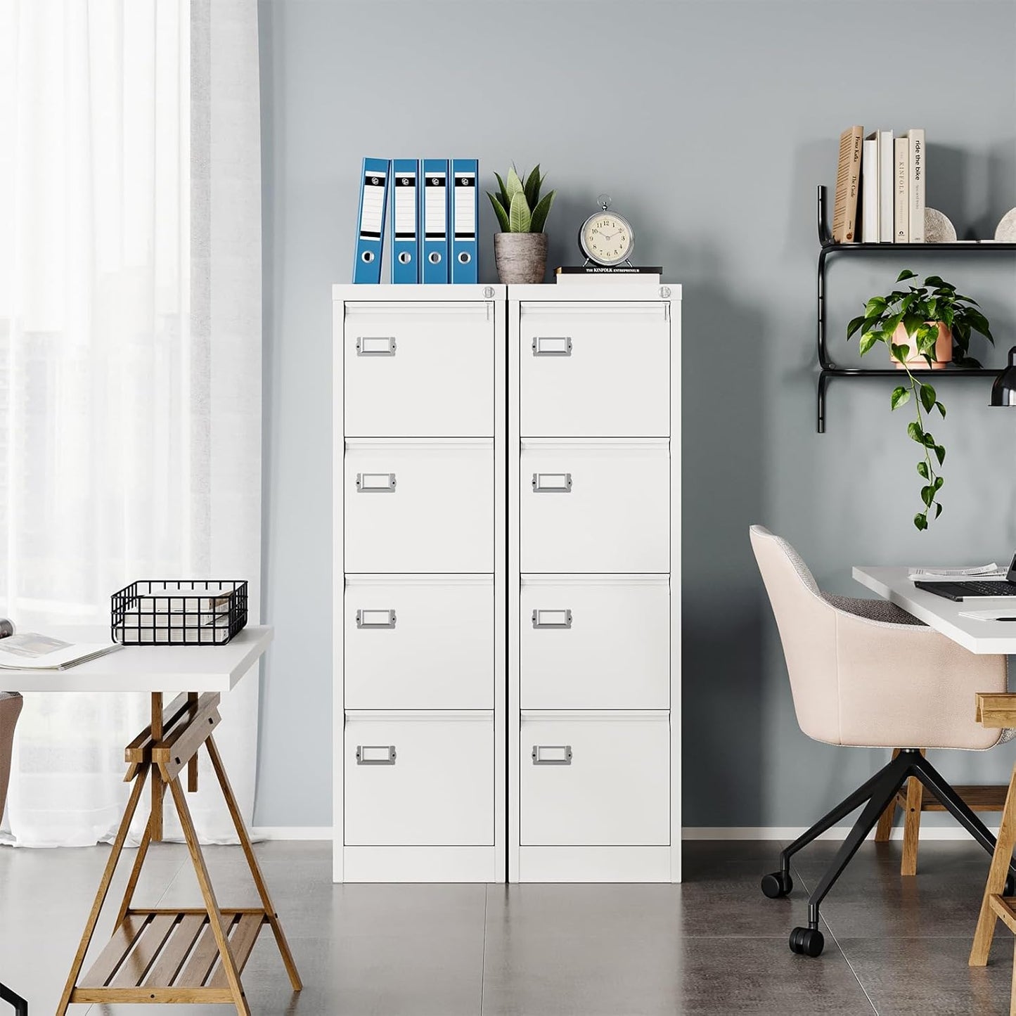 MIIIKO 4 Drawer File Cabinet, White Vertical Filing Cabinets with Lock, Home Office File Folders Storage Cabinet for Letter Legal A4 File Size