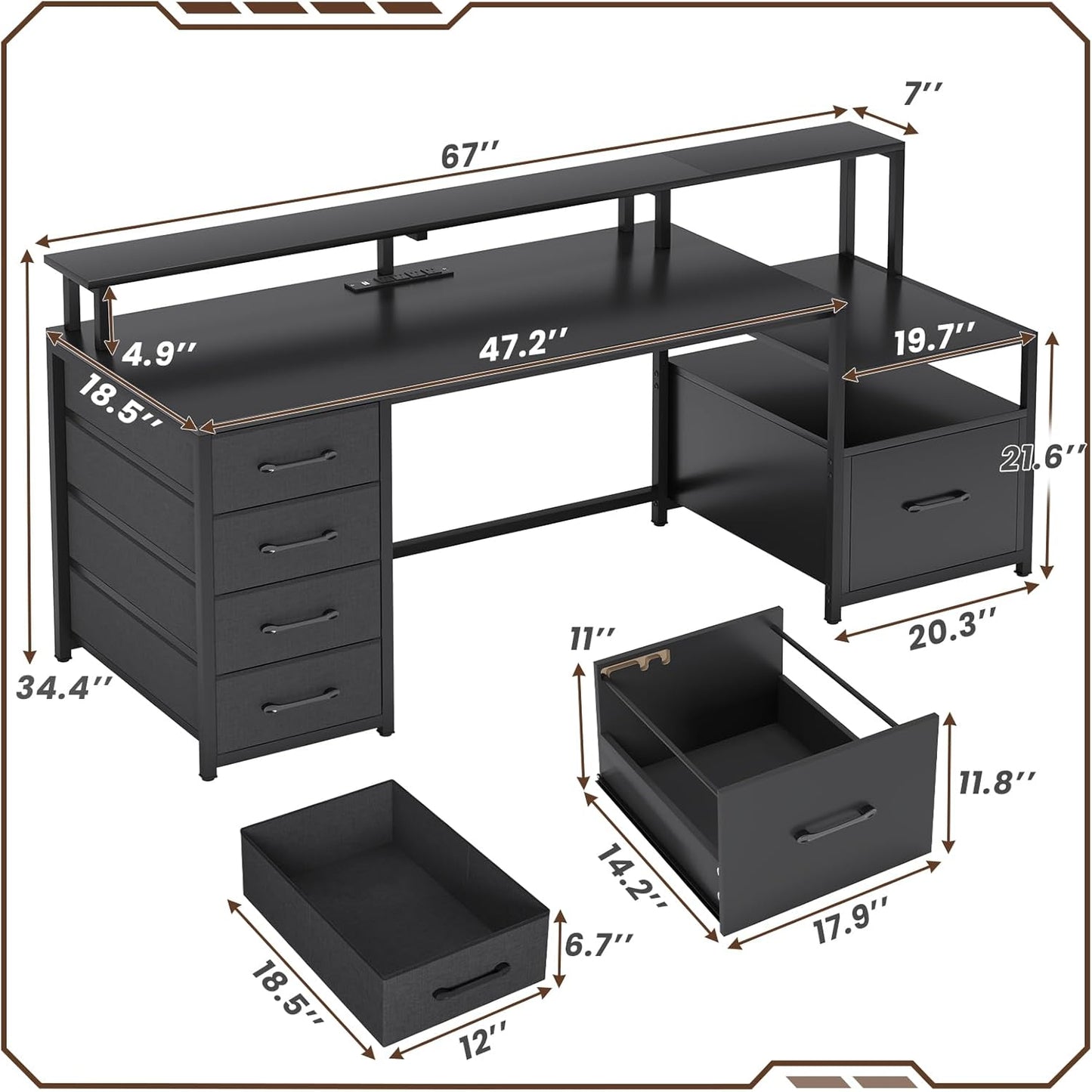 SEDETA Computer Desk with 5 Drawer, Power Outlet & Led Lights, 66'' Home Office Desk with File Drawer, Storage, Monitor Shelf, Gaming Desk, Black