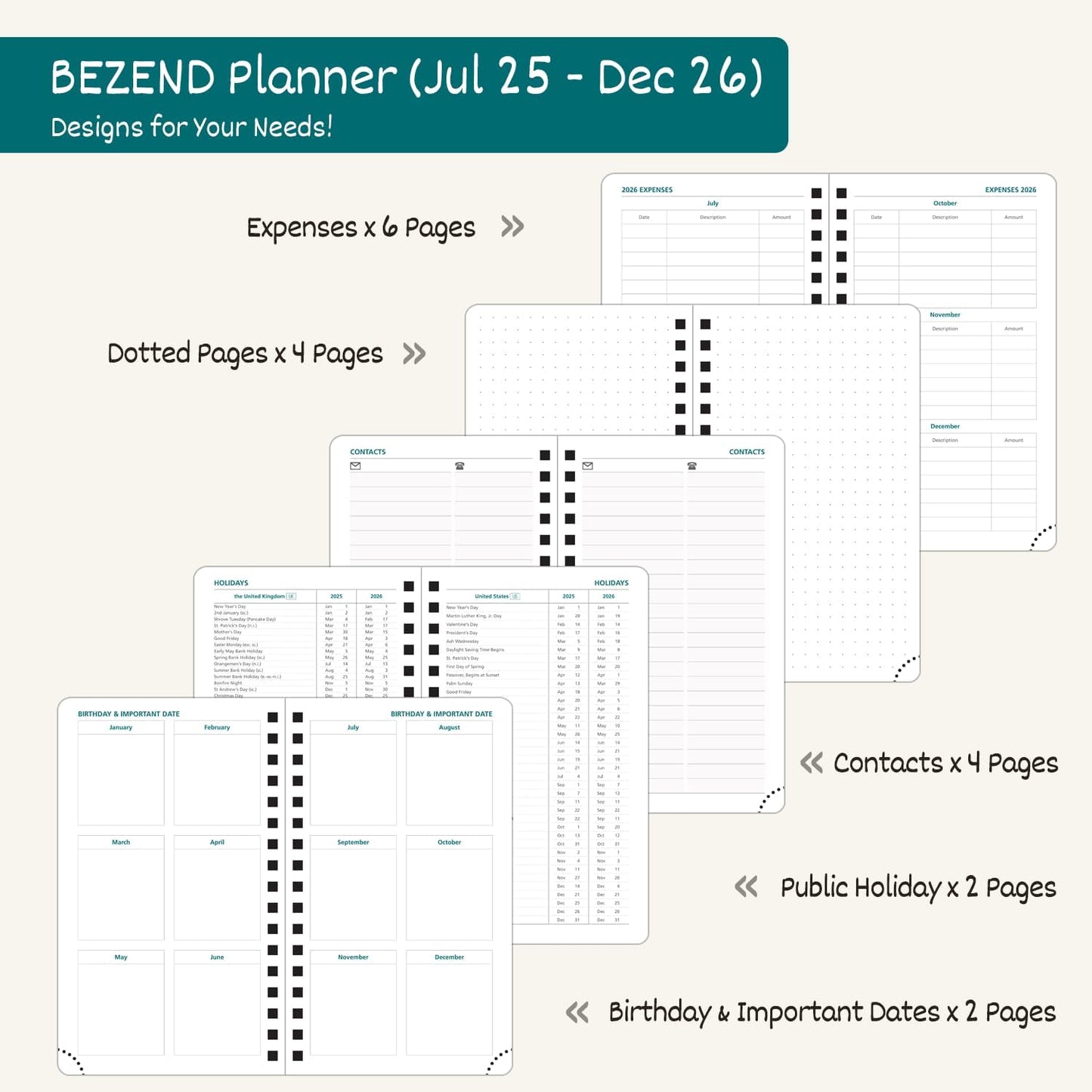 BEZEND Pocket Planner 2025-2026 Weekly with 2 Columns, 18-Month Academic Calendar (Jul 25-Dec 26), Life Work App., Storage Pocket, Pen Holder, PU Leather Softcover 3.5" x 6" Spiral - Fruit Green