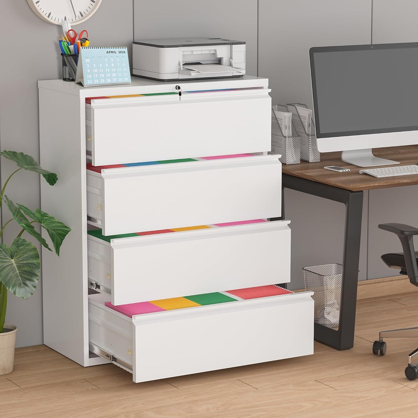 Pataku 4 Drawer File Cabinet with Lock, Metal Lateral File Cabinets for Home Office, Locking Filling Cabinets for Hanging Files Letter/Legal/F4/A4 Size (White)