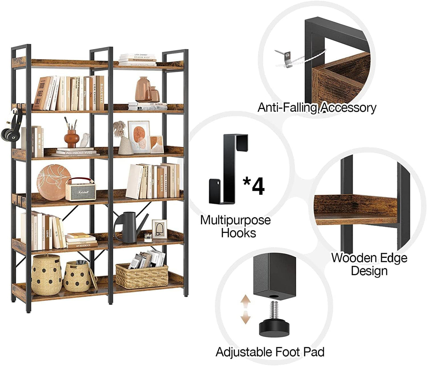 Seventable Bookshelf 6 Tier with 4 Hooks, 67” Industrial Wooden Bookcase, Vintage Storage Rack with Open Shelves, Rustic Standing Bookshelves Metal Frame 43.3” Wide Display Rack, Rustic Brown