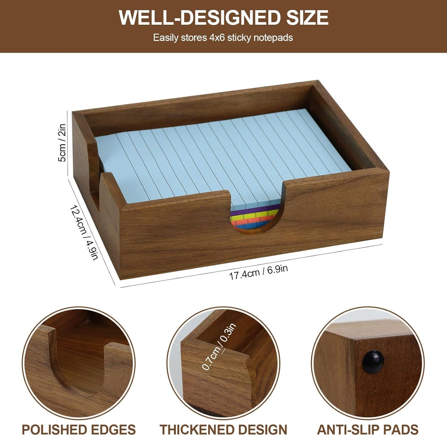 MultiBey Walnut Wood Sticky Notes Holder, 4x6 in Self -Sticky Note Memo Holder, Wooden Notepad Holder Dispenser Desk Supplies Desktop Accessories for Office Home School (L)