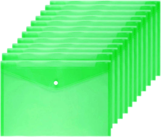 Poly Envelope 12 Pcs Document Envelopes with Snap Button Quality Clear Document Folder for A4 Size (Green)