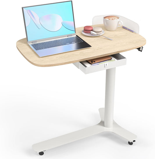 Rolling Desk Adjustable Height with Drawer and Wheels, Portable Small Standing Desk Pneumatic for Home Office, Mobile Computer Laptop Desk Cart, Medical Sofa Overbed Table, Oak