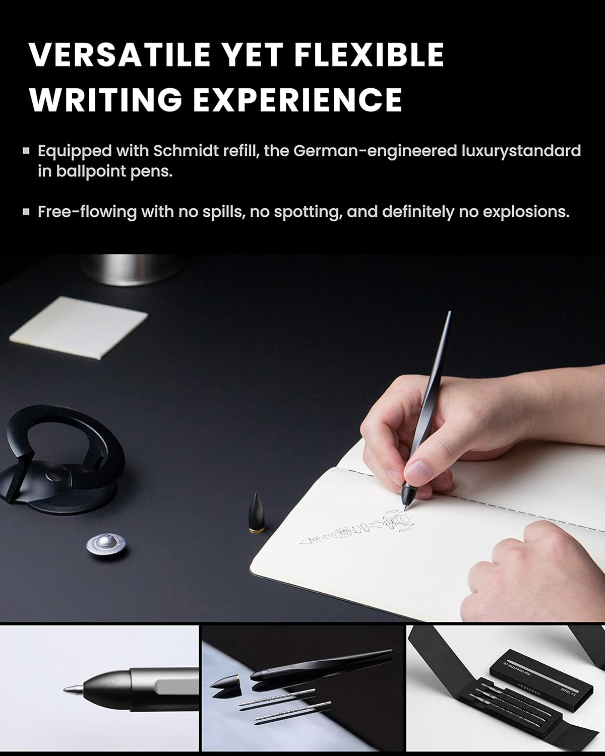 novium Hoverpen Interstellar - Space Black, Ballpoint Pen, 18K Gold-plated Pen Ring, 23.5 Degree Angle, Schmidt Ballpoint Refill, No Spills, No Spotting, No Explosions