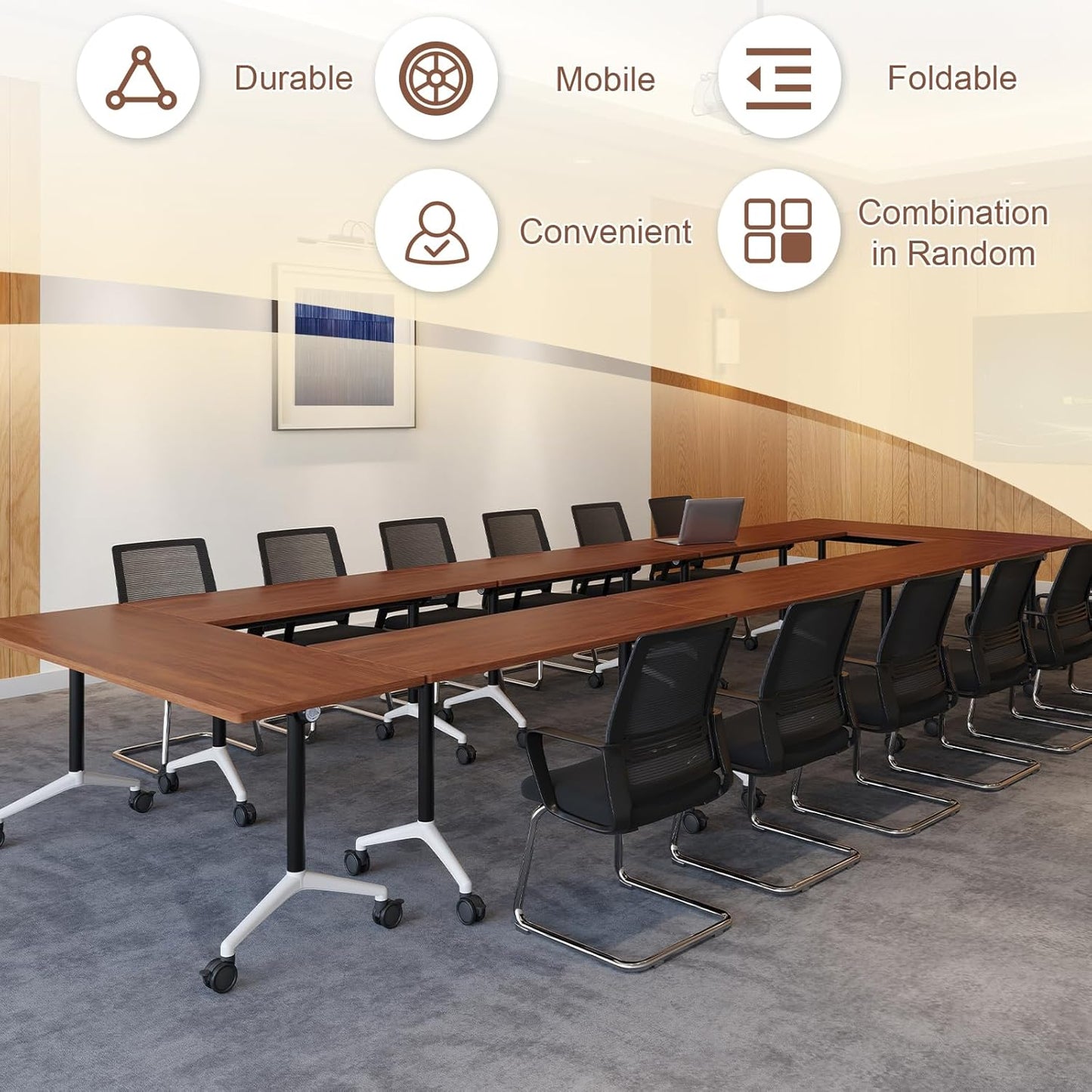 Folding Conference Room Table, Modern Conference Tables with Wheels, Large Rectangular Mobile Training Tables for Office Classroom, Foldable Modular Boardroom Seminar Table (8pack L47.2in)
