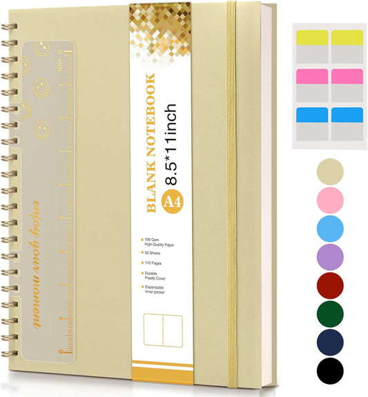 Blank Spiral Notebook Journal 8.5” x 11”, A4 Large Sketch Book for Women Men, 100 GSM Blank Paper Drawing Notebook, Plastic Hardcover Spiral Bound Sketchbook for Sketching Work School Writing, Yellow