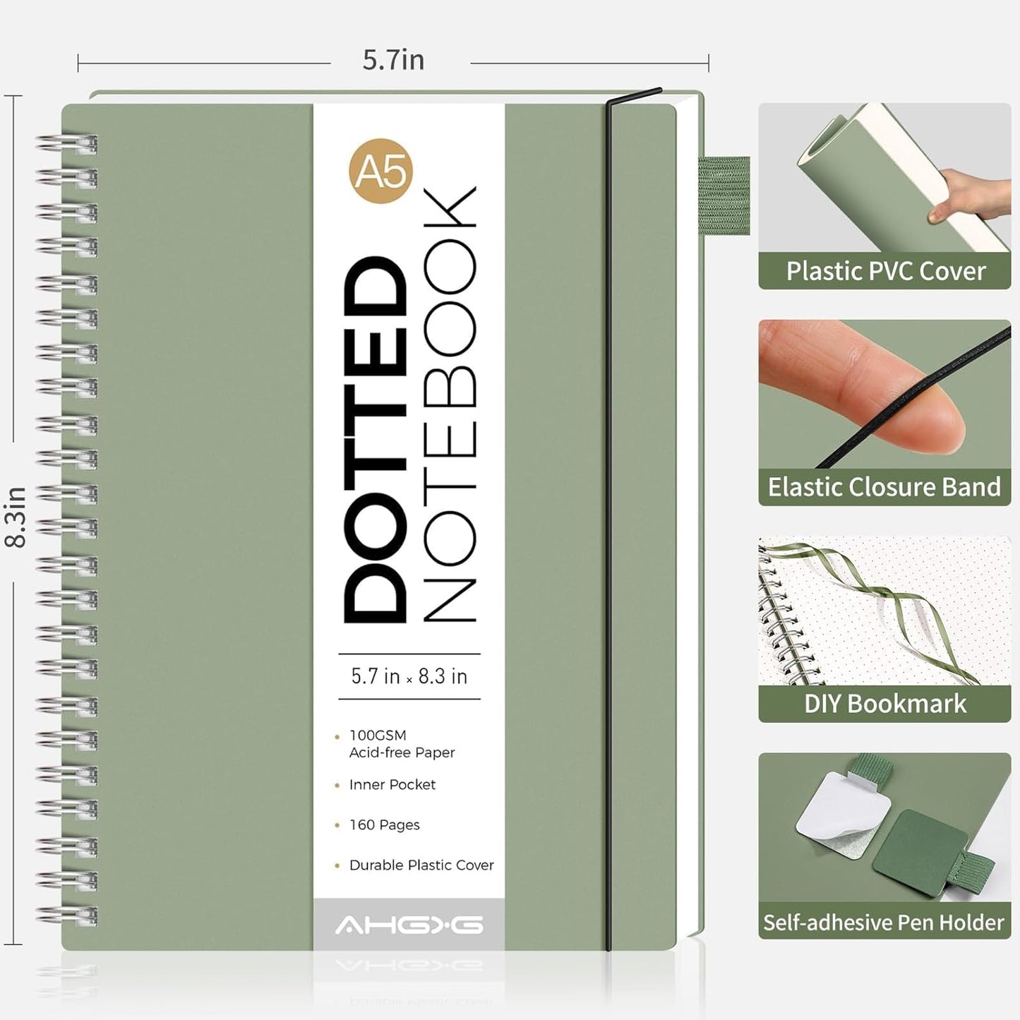 AHGXG Bullet Dotted Journal - Dot Grid Spiral Notebook A5, 160 Pages, 100 GSM Thick Paper, Waterproof Plastic Cover Journals for Bullet Journaling, Sketching, 5.7" x 8.3", Sage Green