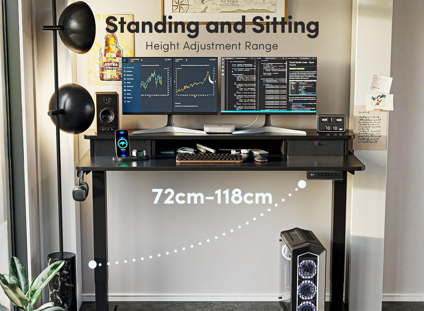 FEZIBO 48 x 24 Inch Height Adjustable Electric Standing Desk with Double Drawer, Computer Desk, Home Office Stand Up Table with 4 Height-Adjustable Feets & 2 Hooks, Black