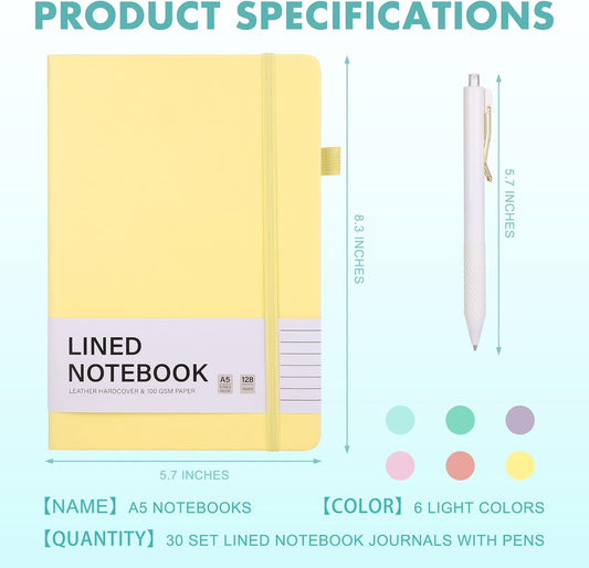 Aodaer 30 Set Lined Notebook Journals with Pens A5 Notebooks 100 GSM College Ruled Hardcover Notebook PU Leather Notepad with Pen Holder for Office School, 5.7 x 8.3 Inches, Light Multicolor