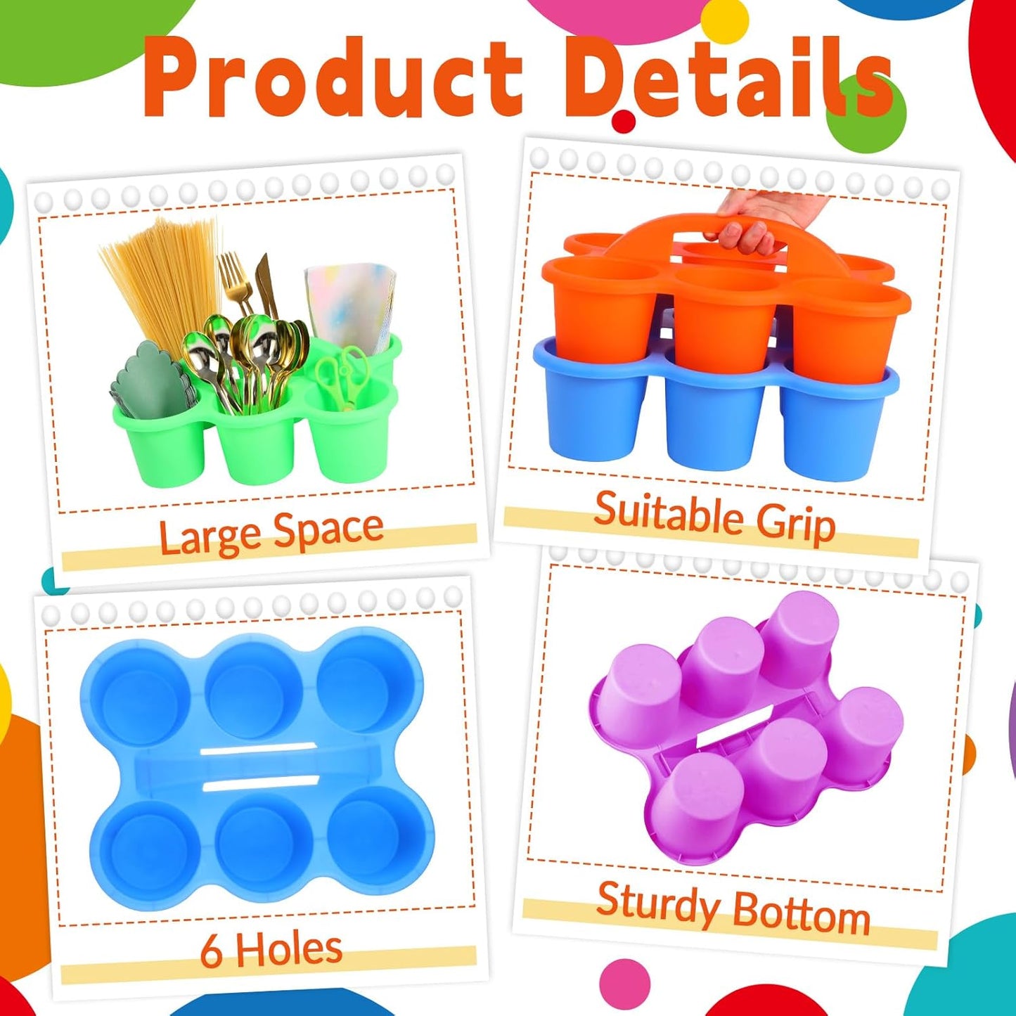 6 Pack Classroom Caddy Organizer with Handle Colorful Plastic Table Caddy Drink Cup Caddies Holder 12×9×3.5 Inches Storage School Supplies 6 Compartments for Table Crayon Pencil Cup Marker Craft