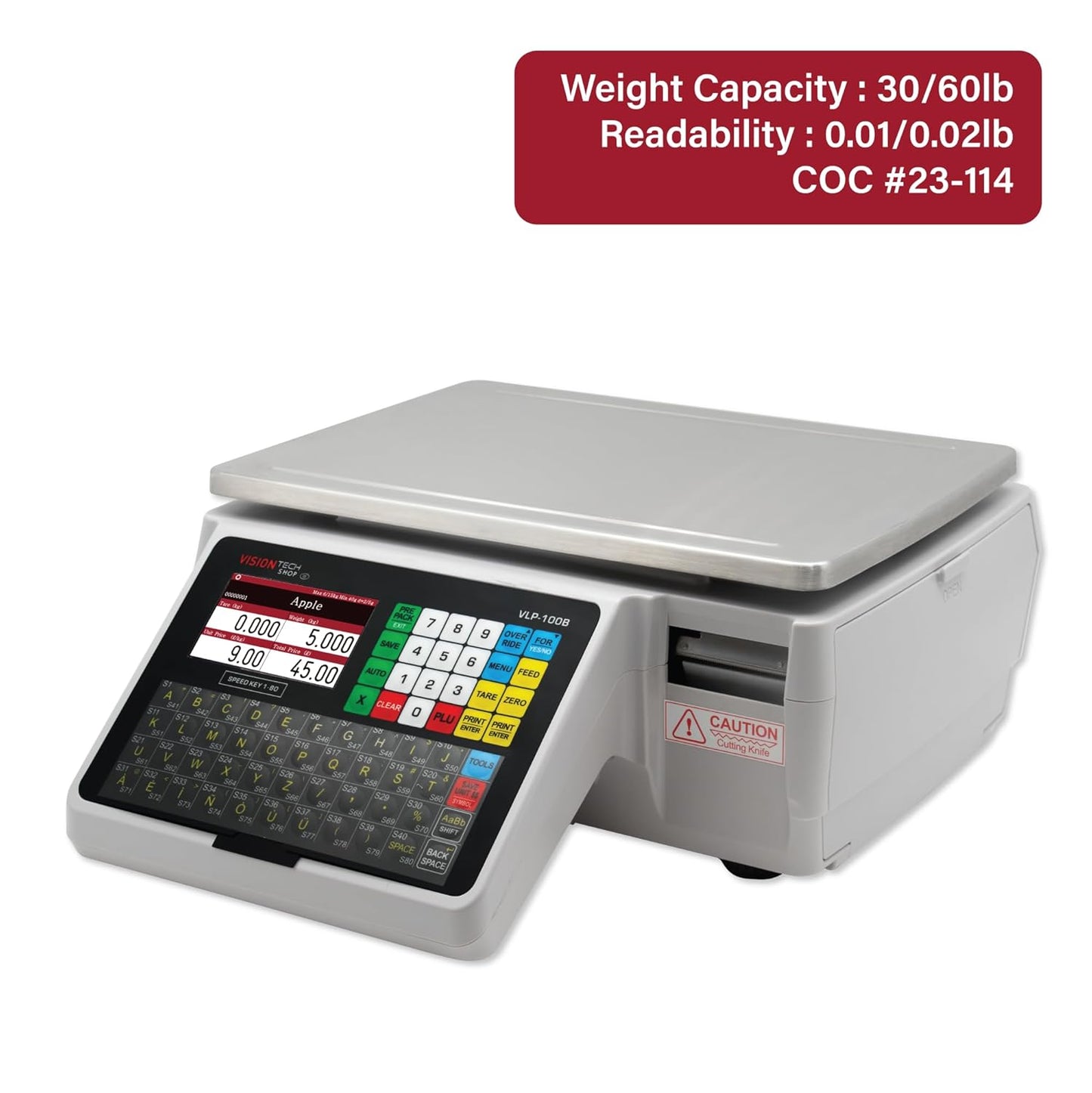 VisionTechShop VLP-100B Label Printing Scale, Capacity 30/60lb Readability 0.01/0.02lb, NTEP Legal for Trade