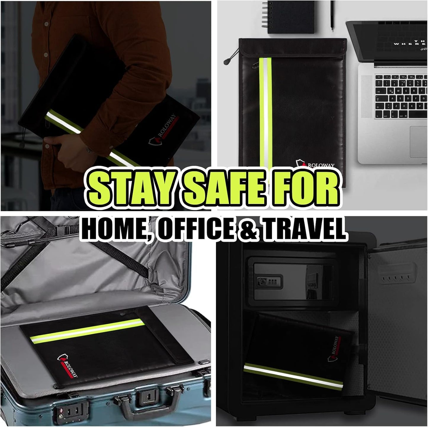 ROLOWAY Fireproof Envelope for Cash, Legal Documents Safe (15 x 11 inch) with 2 Pockets & Waterproof Zipper, Black