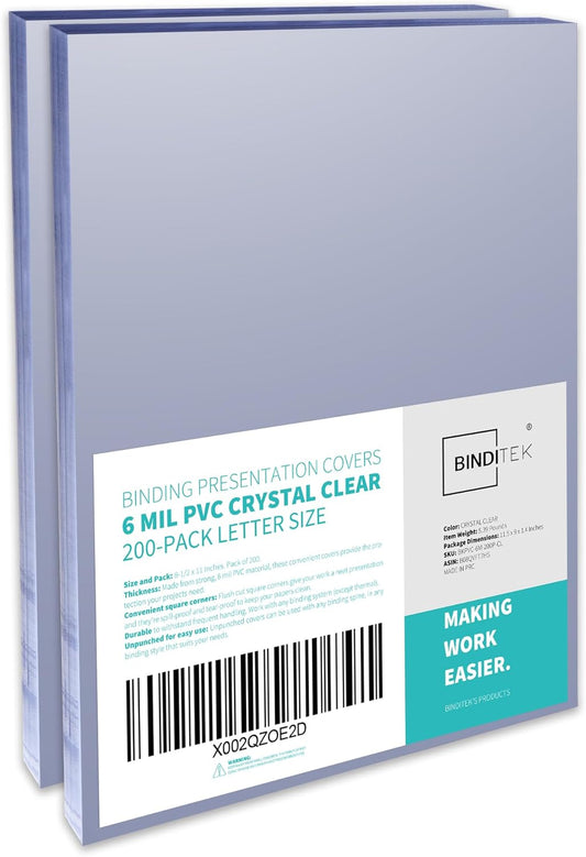 Binditek 200 Pack 6 Mil PVC Clear Binding Covers, 8.5 x 11 Inches, Letter Size, Square Corners, Un-Punched, Office Supplies