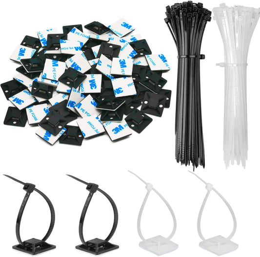 50 Pack 1.5 inch Zip Tie Adhesive Mounts Self Adhesive Cable Tie Base Holders with Multi-Purpose Tie wire clips with screw hole,Anchor stick on wire holder with 8 inch zip ties（Black&White）