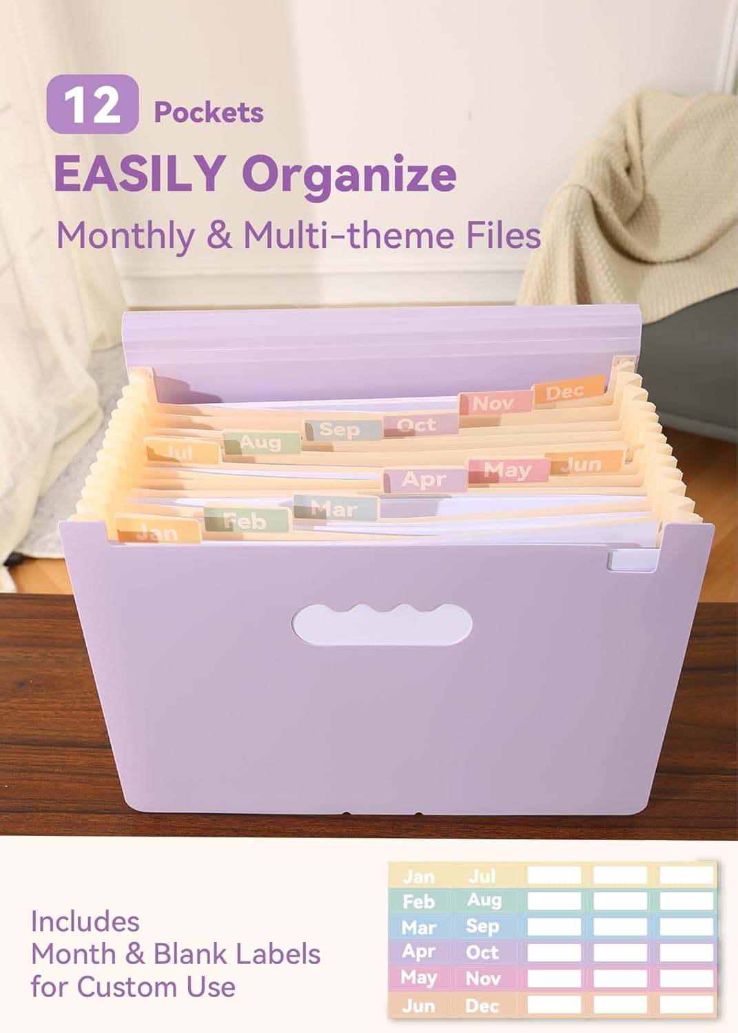 Accordion File Organizer 12 Pockets, Monthly Bill Receipt Tax Organizer, Expanding File Folders with Larger Bright Tabs, Fits Letter/A4 Size - Black - Purple