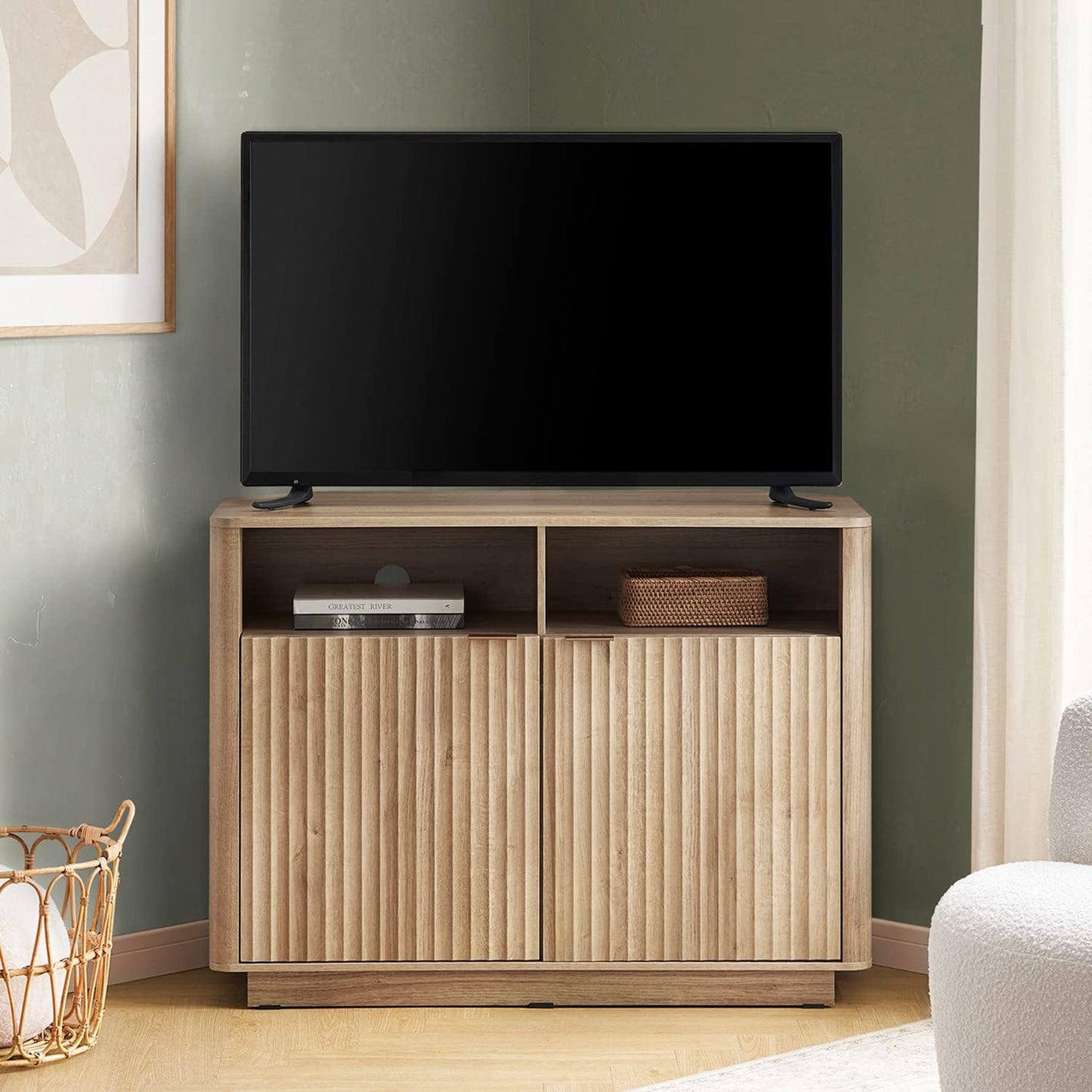 mopio Brooklyn Corner Storage Cabinet, Mid Century Modern Buffet, Entertainment Center, Storage Cabinet with Doors and Shelves, Media Cabinet for 55 inch TV Stand, for Living Room