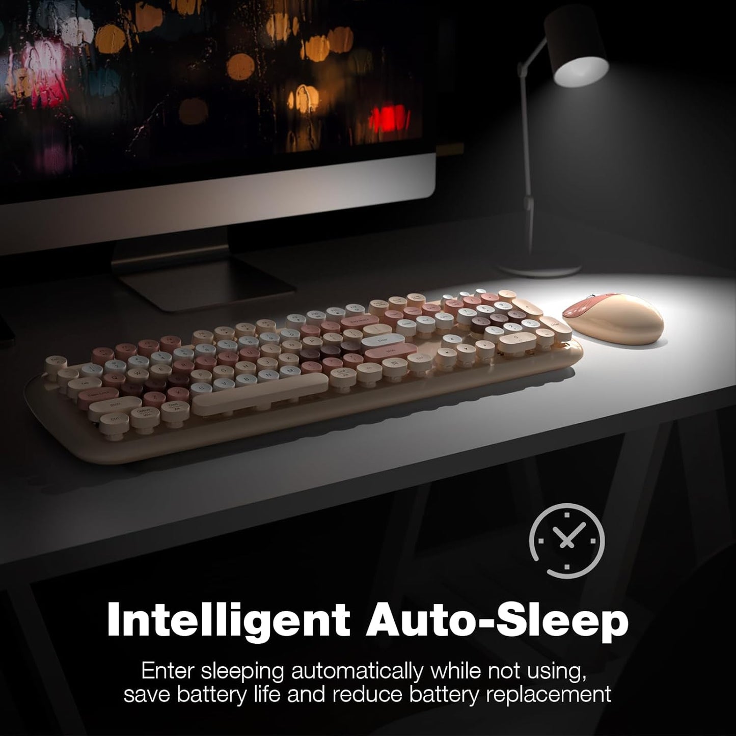 Wireless Keyboard and Mouse Combo for Windows, MOWUX 2.4G Full-Sized External Cordless Computer Keyboard, Compact Mouse, 8 Multimedia and Shortcut Keys, for PC, Laptop - Milk Tea Colorful