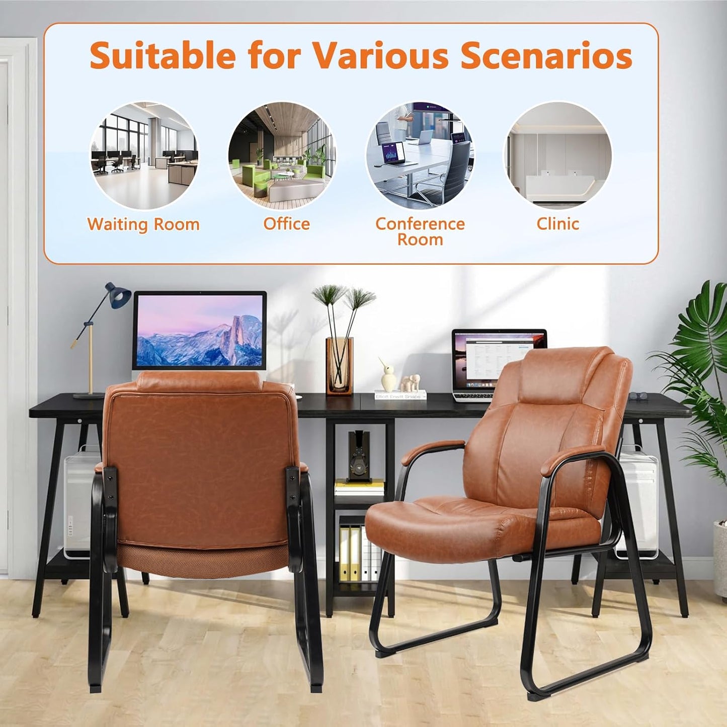CLATINA Big & Tall 500 lb. Guest Chair, PU Leather Office Reception Chairs with Sled Base, Desk Chair No Wheels for Waiting Room Conference Lobby Computer Living Room, Brown