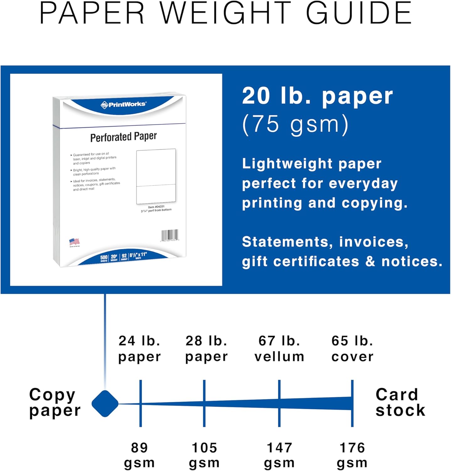 PrintWorks Professional 3 3/4" Horizontal Perforated Paper 8.5” x 11” - Perfect For W-2, 1099, & Statement Use - Made in the USA - 500 Sheets - 20 lb - Printer Compatible - White (04331)