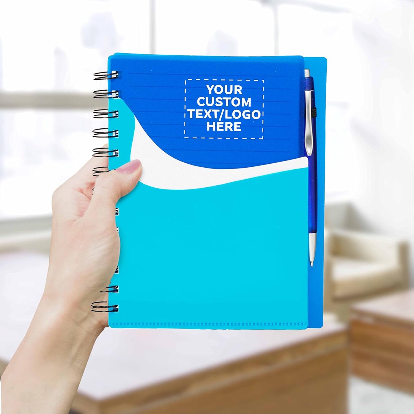 DISCOUNT PROMOS Custom Spiral Notebooks with Front Pocket Set of 100, Personalized Bulk Pack - Durable Plastic Cover, Includes Matching Pen in Blank Ink, Perfect for School, Office, Home - Blue