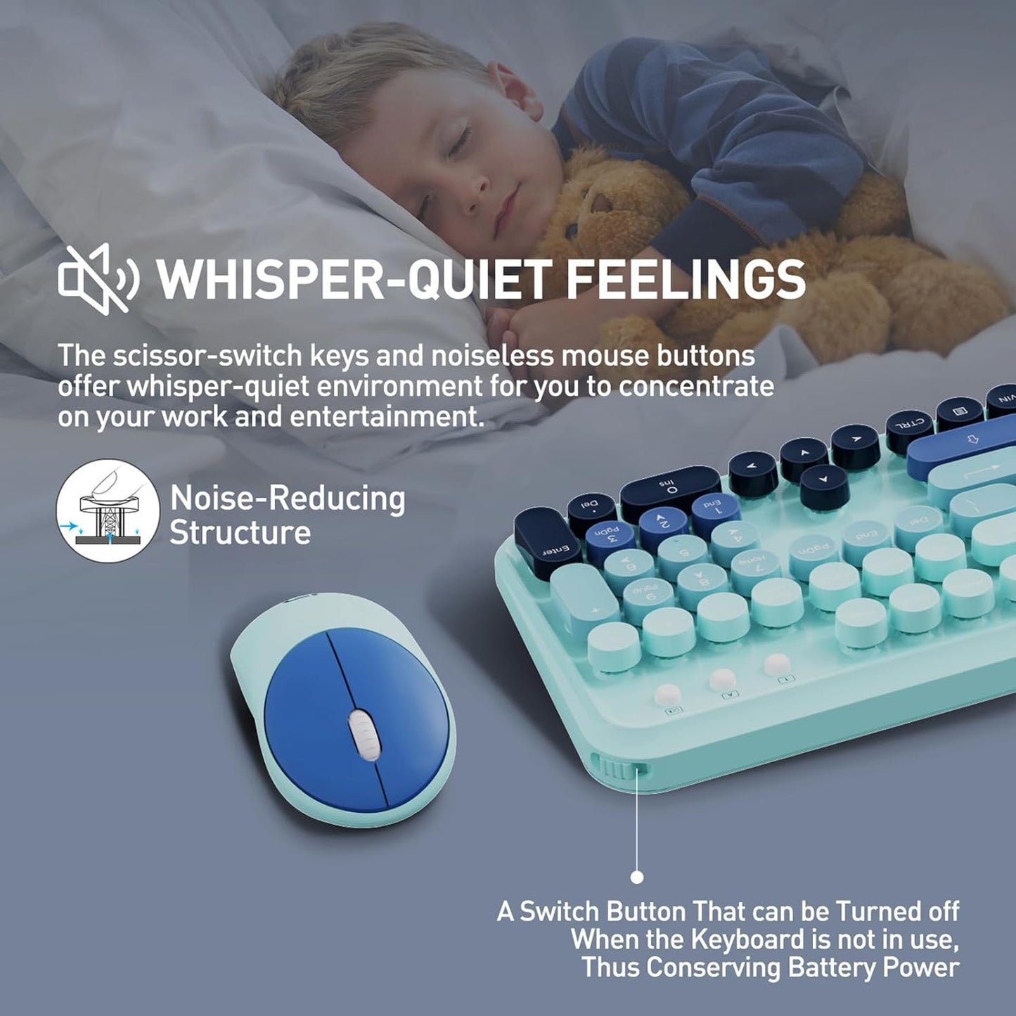 FD 2.4GHz Wireless Keyboard and Mouse Set with Switch Button - Full-Size Keyboard - Compatible for Windows/Laptop/PC/Notebook/Smart TV and More - Indigo Blue Colorful