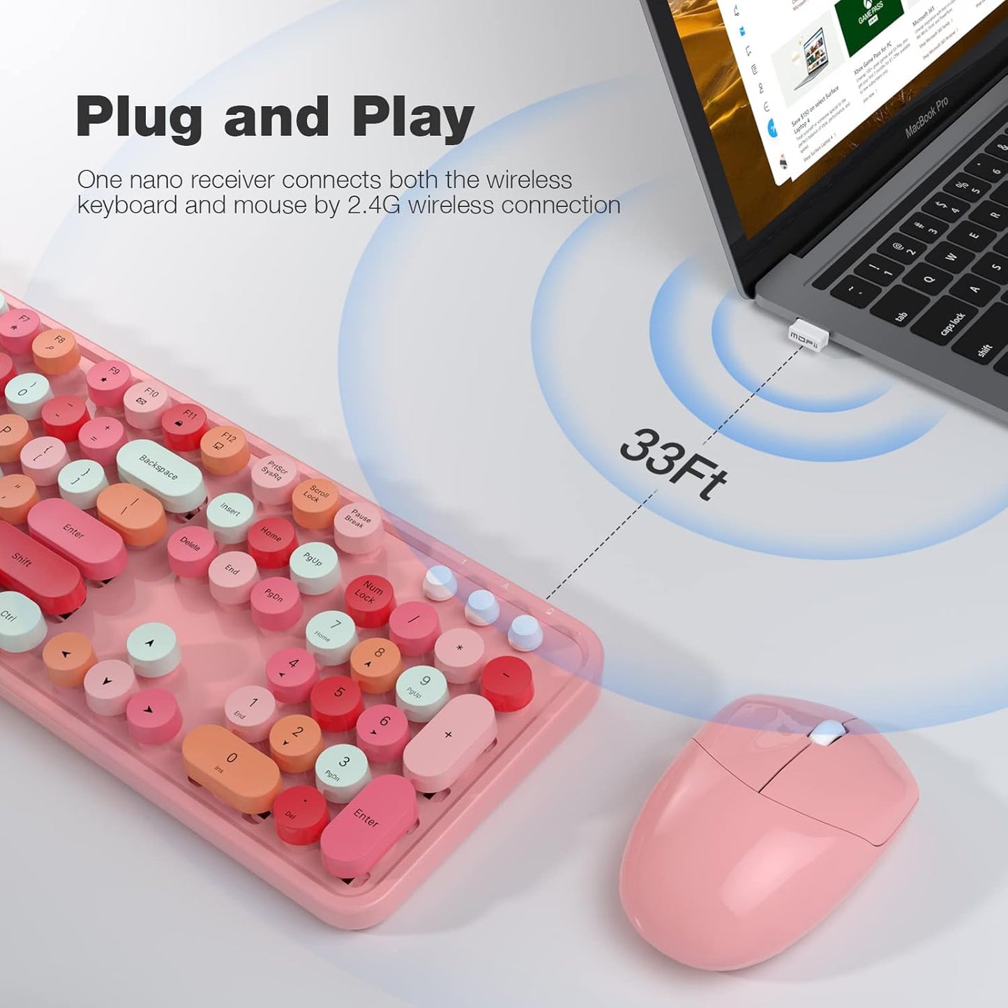 MOFII Wireless Keyboard and Mouse Combo, Full Size Typewriter Keyboard with Multi-Media Function Keys and Number Pad for Office PC Computer Laptop Desktop Windows (Pink Colorful)