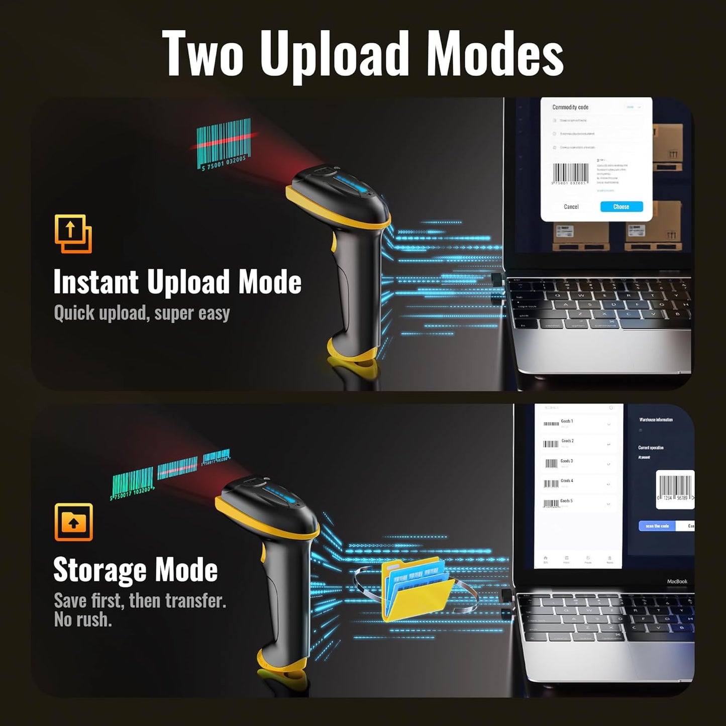 Tera Barcode Scanner Wireless Versatile 2-in-1 (2.4Ghz Wireless+USB 2.0 Wired) with Battery Level Indicator, 328 Feet Transmission Distance Rechargeable 1D Laser Bar Code Reader Handheld 5100 Yellow