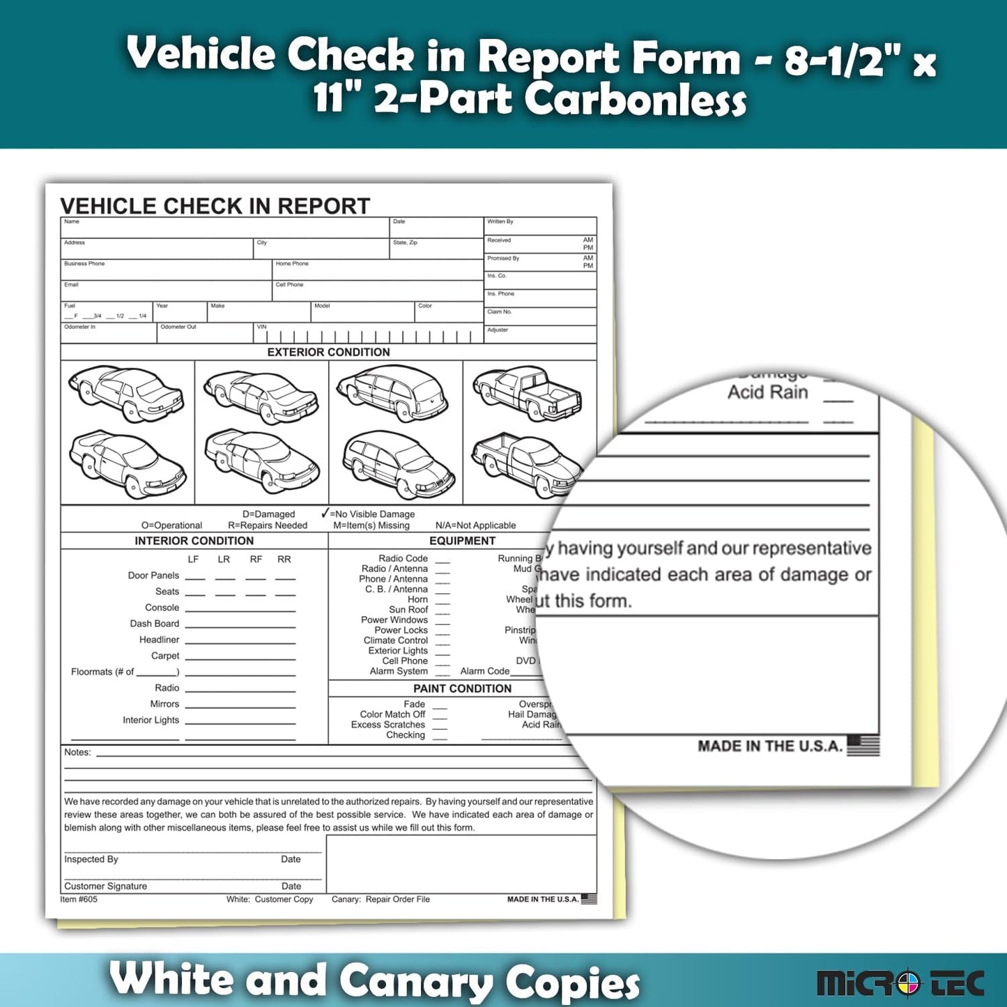Vehicle Check-In Form Pad – 8.5" x 11" 2-Part Carbonless Auto Condition Report – White & Canary Copies – Service Intake Sheet for Car Dealerships, Repair Shops & Mechanics – Pack of 200