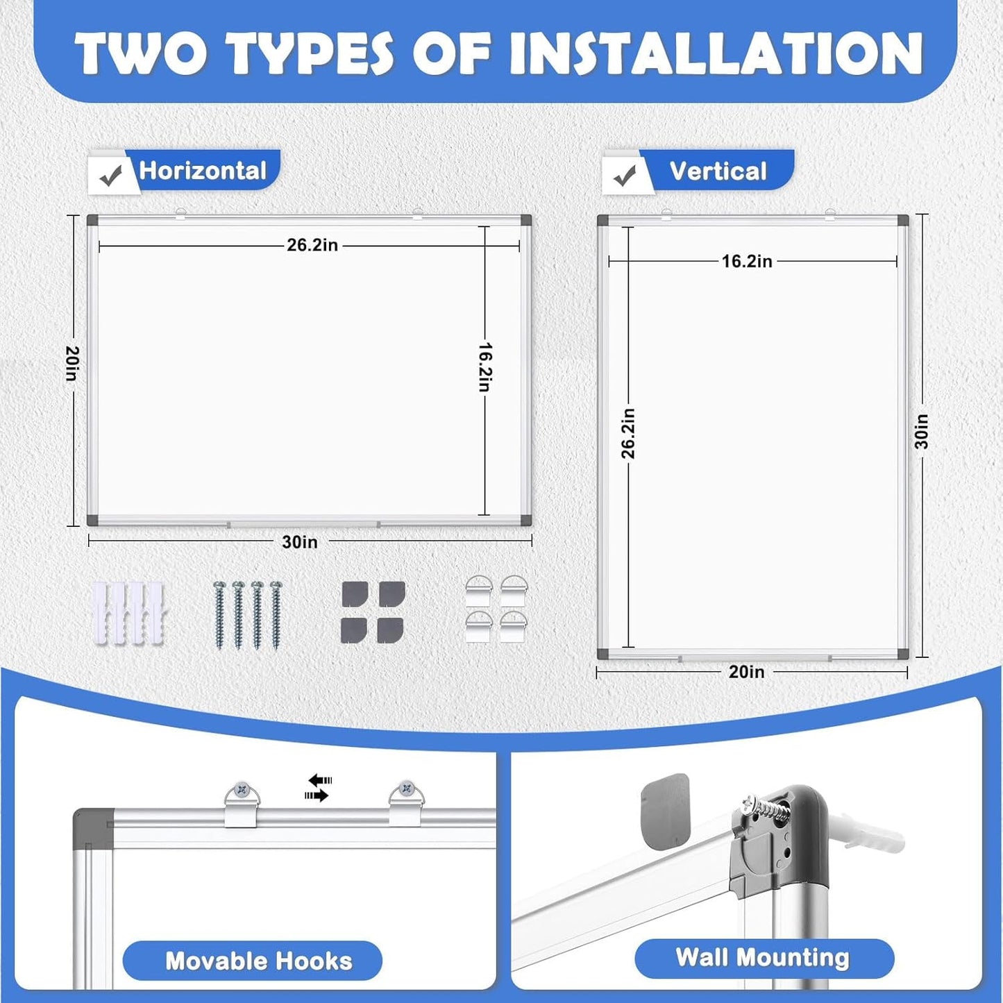 WALGLASS Double-Sided White Board 20" x 30", Dry Erase Board, Magnetic Whiteboard Silver Aluminium Frame, Wall-Mounted or Hanging Board for Home, School, Office, Kitchen