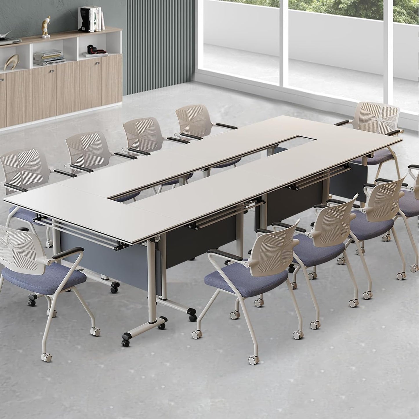 Folding Conference Table, Modern Large Conference Room Tables with Flip-Top Design, Foldable Conference Table Meeting Table with Wheels, Mobile Seminar Training Tables for Office Classroom (2, Gray)