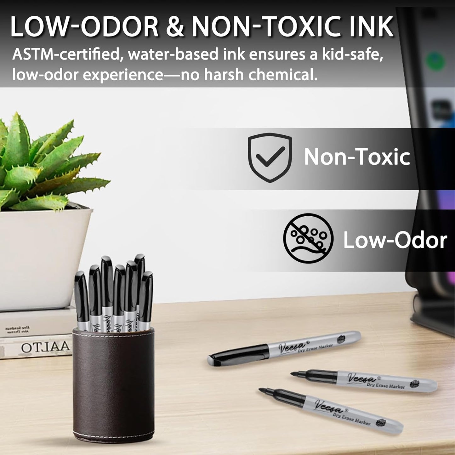 VEESA Dry Erase Markers Black, Fine Tip, 75 Count Low-Odor Whiteboard Marker Pens, Back to School Supplies, Office Series