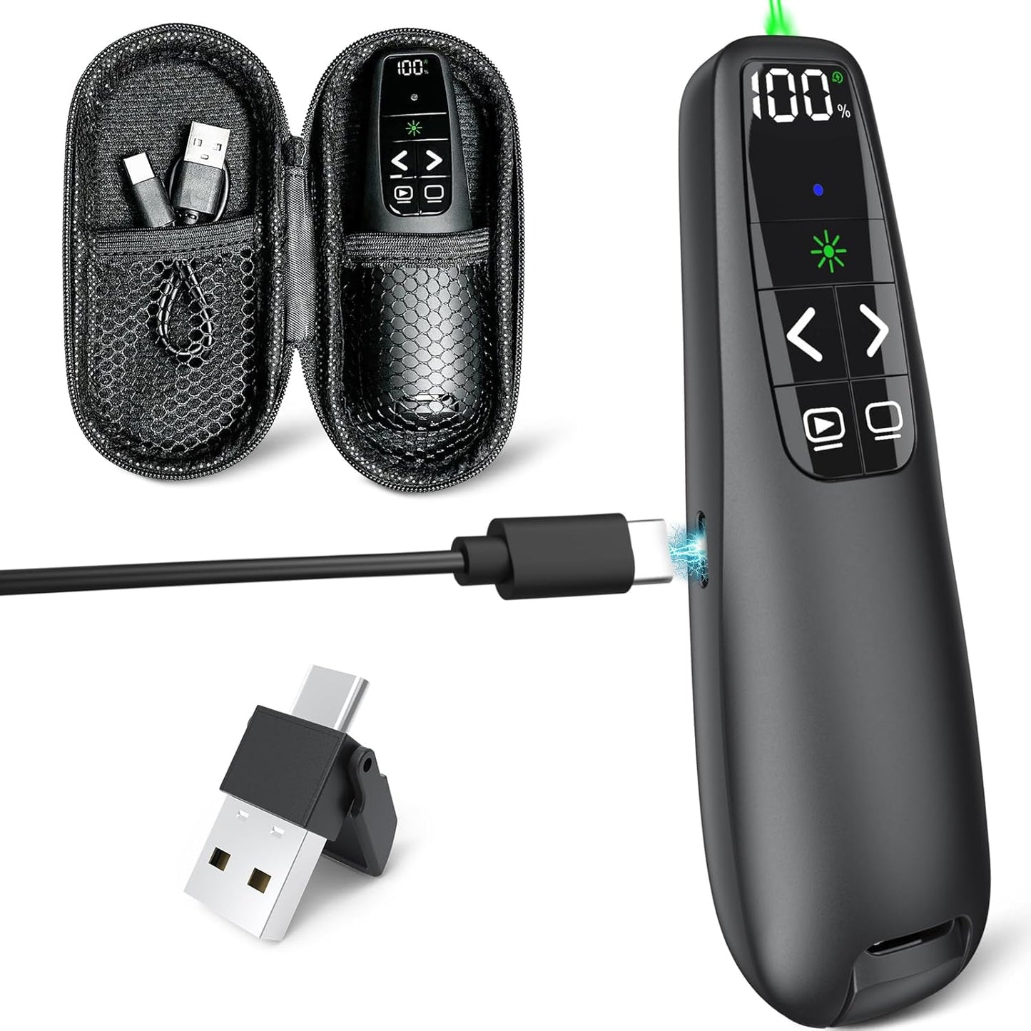 Rechargeable Presentation Clicker with Case, Power Digital Display Wireless Presenter Remote, USB C Green Light Pointer Computer PowerPoint PPT Clickers for Mac Laptop, Slideshow Google Slide Advancer