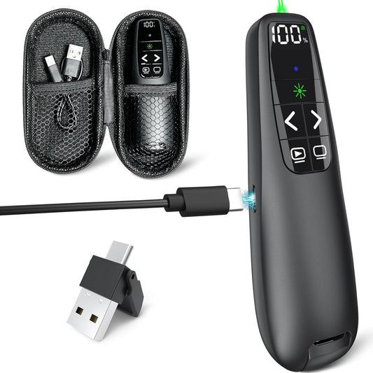 Rechargeable Presentation Clicker with Case, Power Digital Display Wireless Presenter Remote, USB C Green Light Pointer Computer PowerPoint PPT Clickers for Mac Laptop, Slideshow Google Slide Advancer