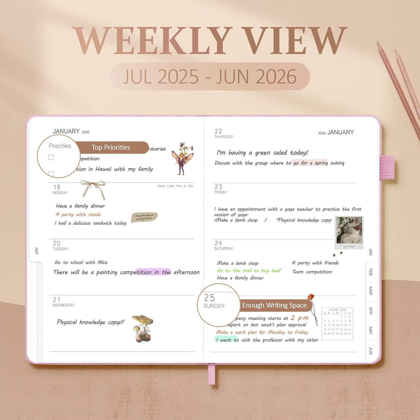 Planner 2025-2026, Academic Linen 2025-2026 Monthly Planner July 2025 to June 2026, Weekly & Daily Organizer with Tabs, Note Pages, Hardcover 5.65" x 8.15"- Ideal for School, Work & Productivity-Pink