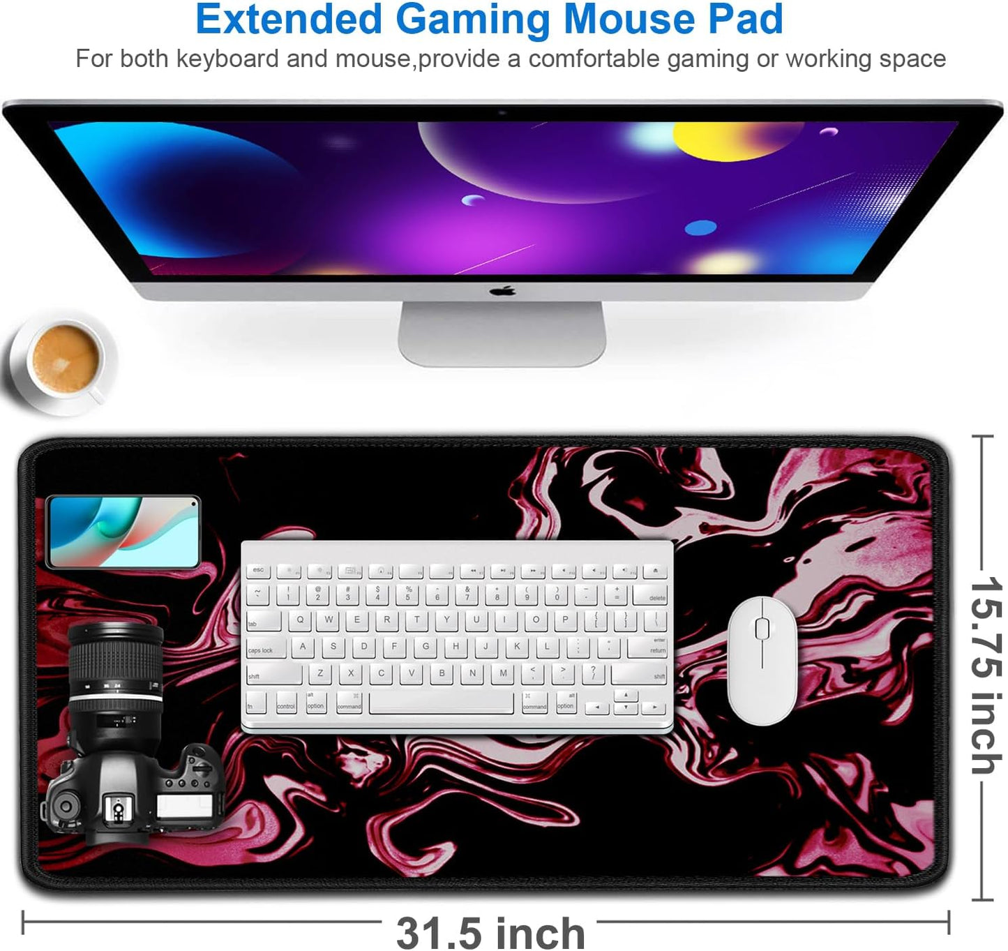 Gaming Mouse Pad, 31.5x15.7 inch Large Extended Computer Keyboard Mouse Mat, Water Resist Non-Slip Mousepad Rubber Base Long XXL Desk Mouse Pad for Gaming, Office & Home, Marble Red