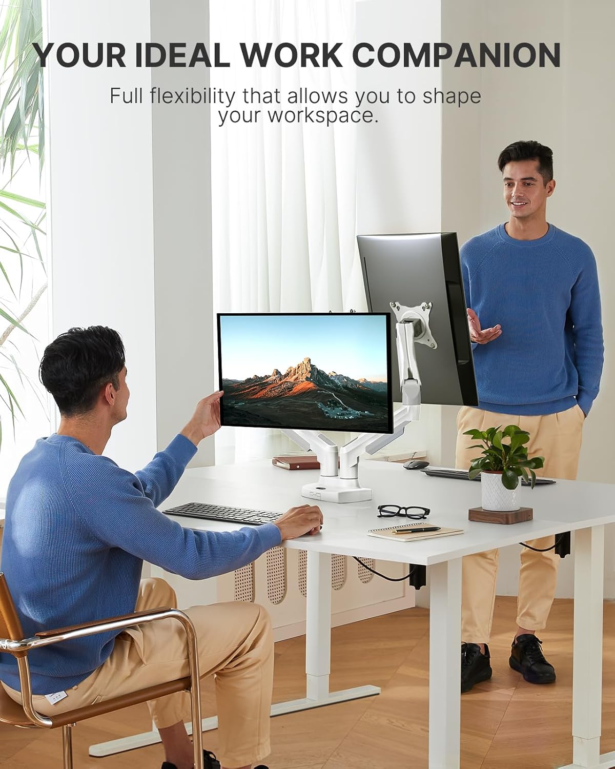 HUANUO Dual Monitor Stand - Full Adjustable Monitor Desk Mount Swivel Vesa Bracket with C Clamp, Grommet Mounting Base for 13 to 32 Inch Computer Screens - Each Arm Holds 4.4 to 19.8lbs - White