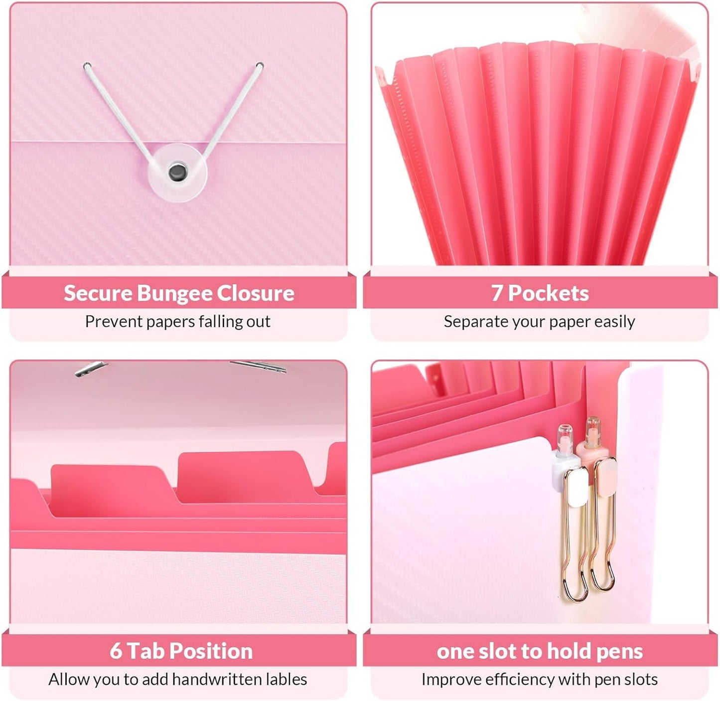 SKYDUE Pink School Office Supplies, Accordion File Organizer - 7 Pocket Letter Size Expanding Folder for School & Office - Portable Document Organizer