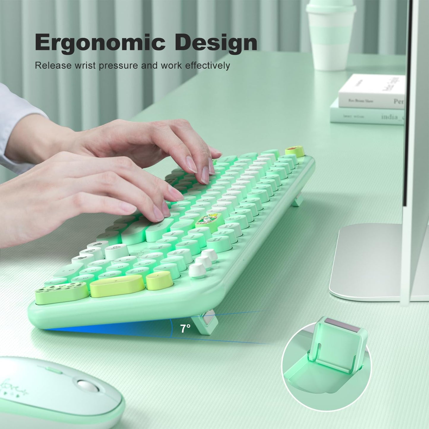 MOFII Wireless Keyboard and Mouse Combo, Full Size 2.4G Plug and Play Typewriter Retro Round Computer Keyboard and Mouse Set for Windows, Computer, Desktop, PC, Notebook - (Green Colorful)