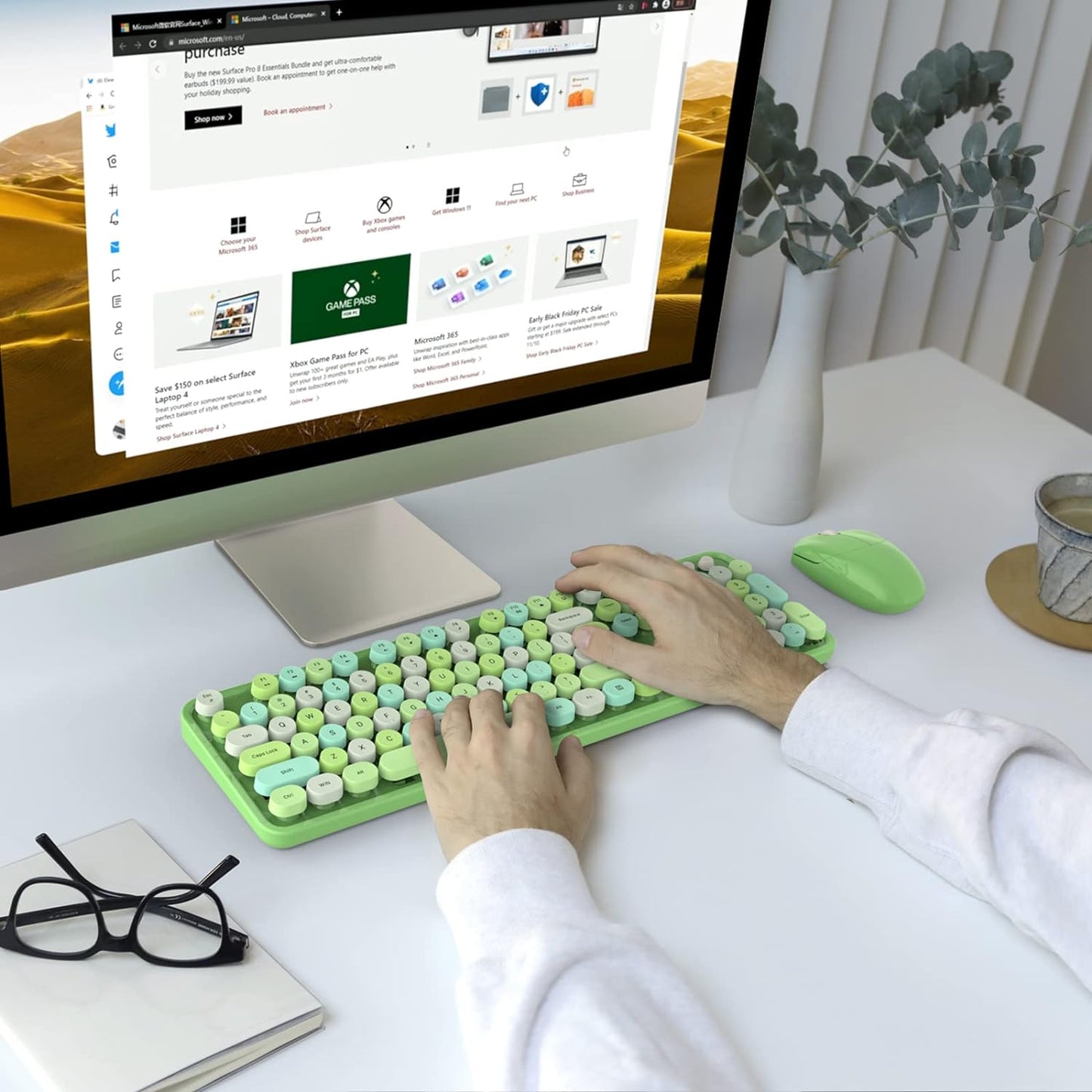 MOFII Wireless Keyboard and Mouse Combo, 2.4Ghz USB Full Size Typewriter Keyboard with Number Pad and Sport Car Mouse for PC Computer Desktop Windows (Green Colorful)