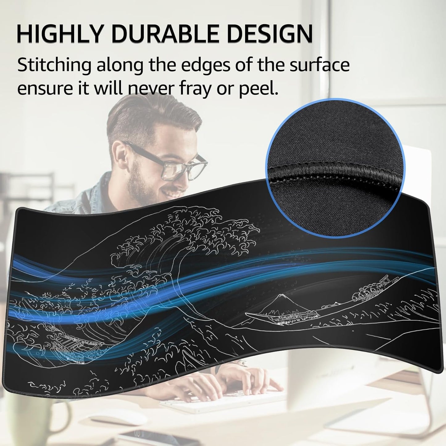 KTRIO Large Gaming Mouse Pad with Stitched Edges, Extended Mousepad with Superior Micro-Weave Cloth, Non-Slip Base, Water Resist Keyboard Pad for Gamer, Office & Home, 31.5x15.7in, Kanagawa Wave