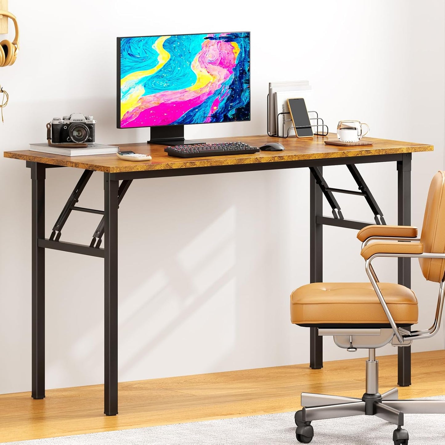 DlandHome Computer Desk Folding Table 39.4 inches Writing Desk for Small Space Folding Desk Laptop Desk No Assembly Required Retro&Black