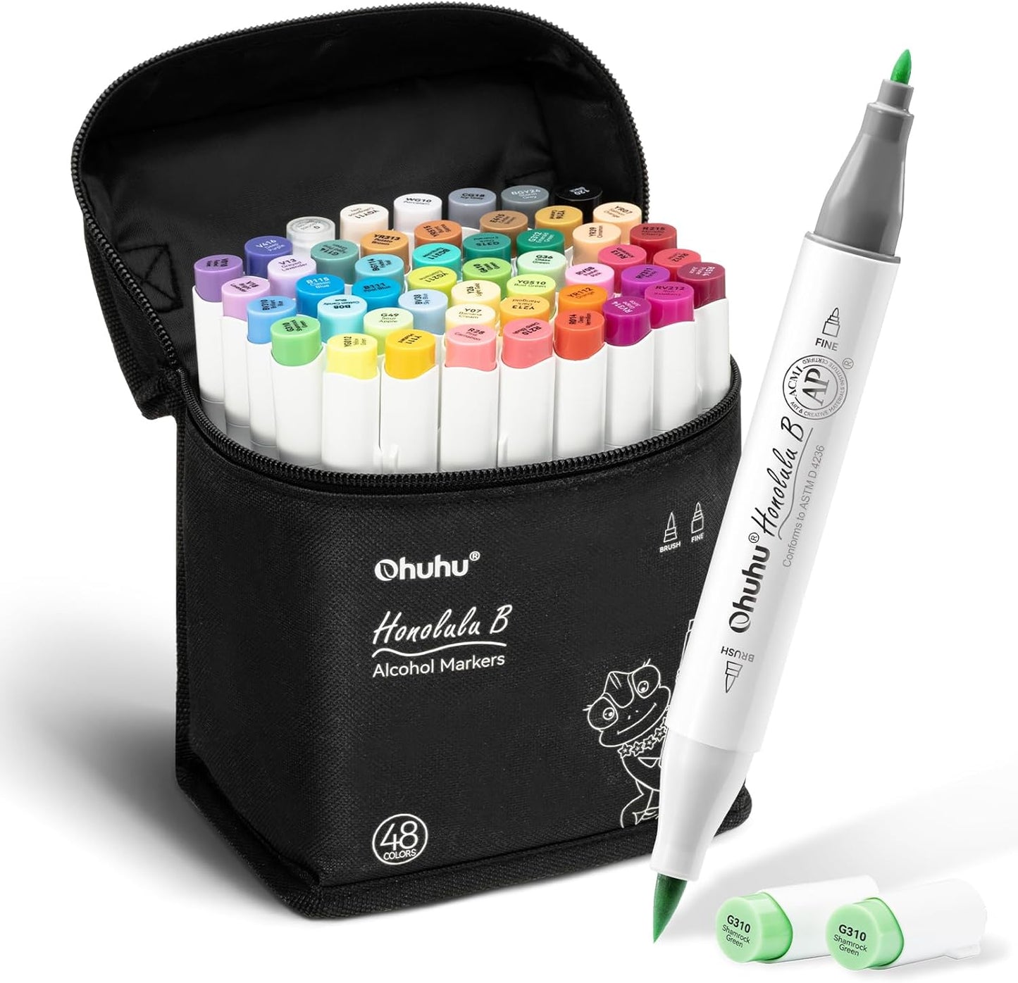 Ohuhu Alcohol Markers Brush Tip -Double Tipped Art Marker Set for Artist Adults Coloring Illustration -48 Colors -Brush & Fine -Honolulu B -Refillable