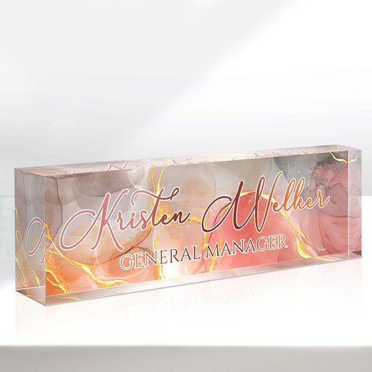 Custom Name Plate for Desk, Desk Name Plate Personalized, Office Decor for Women Men, Acrylic Desktop Accessories, Office Appreciation Gifts for Boss Social Workers Nurse Teacher Employee (Gold/Pink)