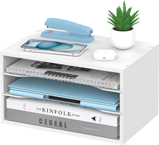 Wood Desk Organizer, 3 Tier Paper Tray Organizer for Desk with Adjustable Storage Shelves, Desktop Paper Sorter Mail Holder for Office Home Classroom, White