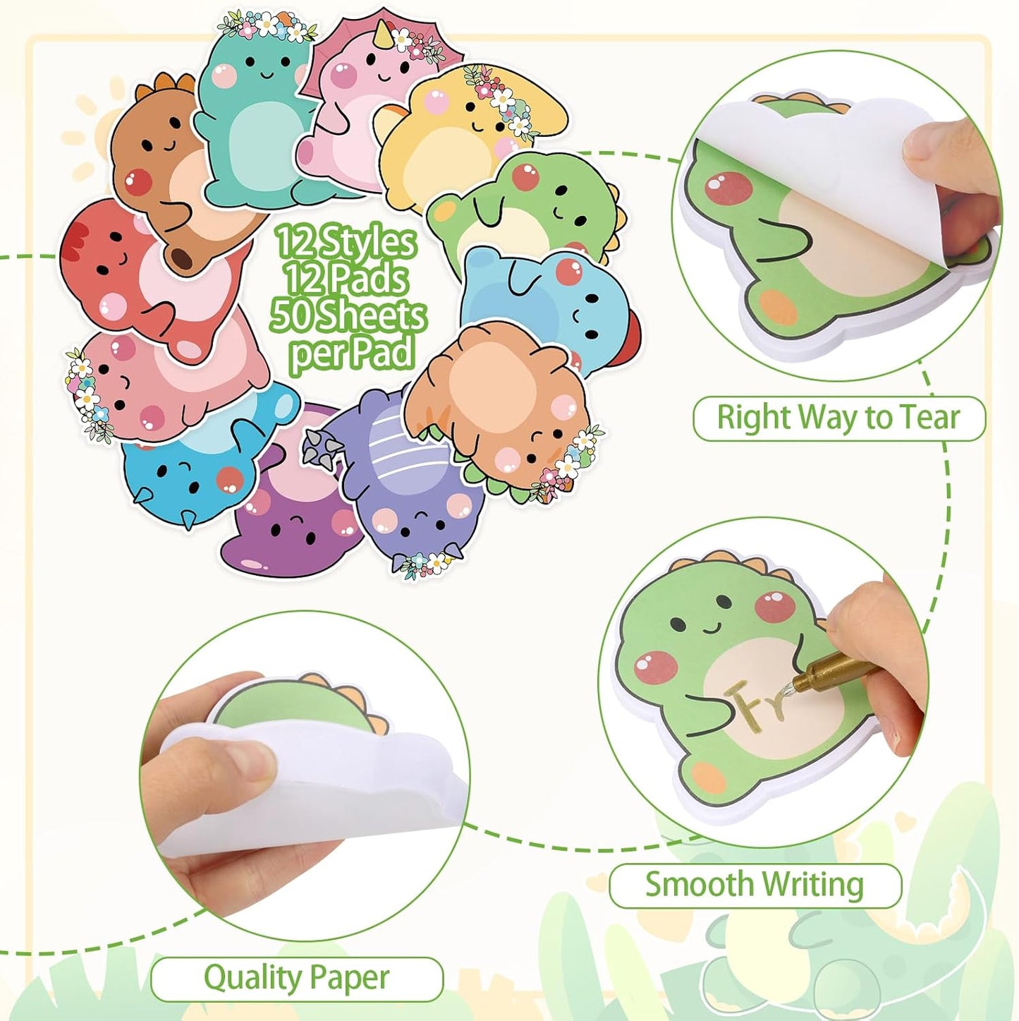 600Pcs Cute Sticky Notes, Cartoon Dinosaur Sticky Note Pads, Fun Sticky Notes Animal Notepads Self Stick Memo Pads Removable Funny Post it Notes for Students School Home Office Supplies