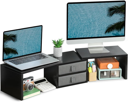 TEAMIX Dual Monitor Stand Riser with 2 Drawers-Length and Angle Adjustable 3 shelf Monitor Riser with Storage Desk Organizer Large Computer Monitor Stand for 2 Monitors/Laptop/PC,Wood Screen/TV Stand