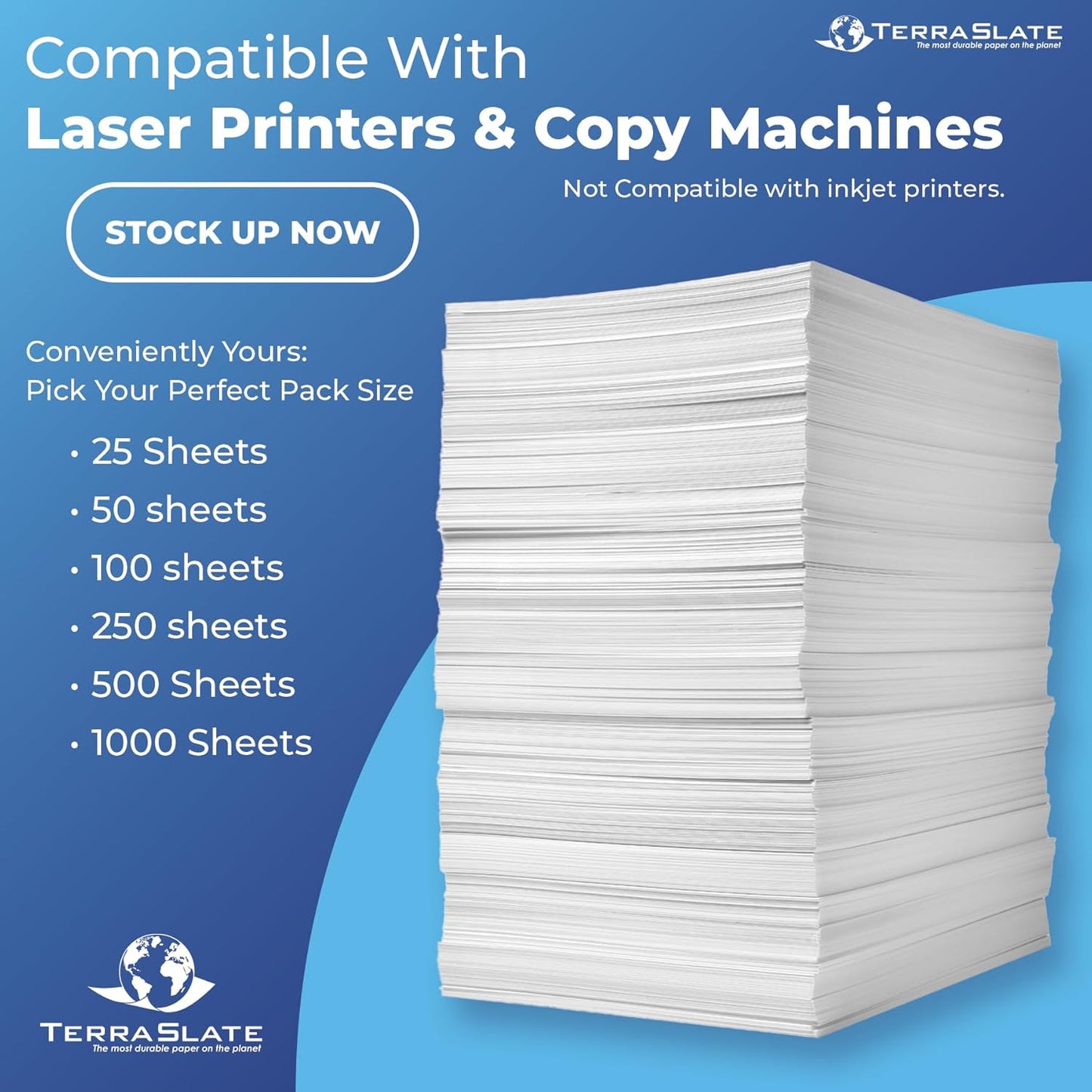 TerraSlate Premium Waterproof Paper, 5 MIL 8.5” x 11”, Laser Printer & Copy Machine Compatible, Durable & Rain/Weather-Proof Copy Paper, White Paper (100 Sheets)
